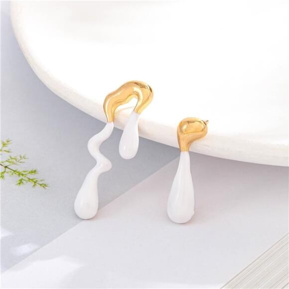 White Teardrop Stud Earrings | Asymmetrical Patchwork Waterdrop Design - Picture 1 of 4